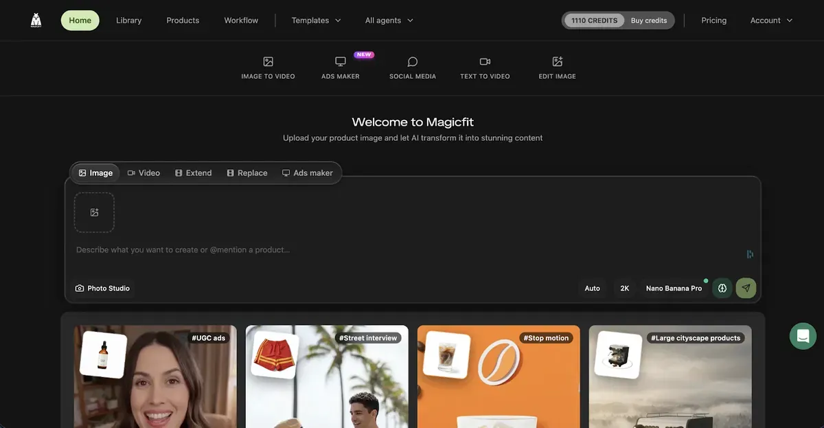 magicfit-ai-dashboard-ad-creator-content.webp MagicFit Dashboard zeigt wie AI automatisch Werbeanzeigen, Videos und Social Media Content aus Produktbildern erstellt